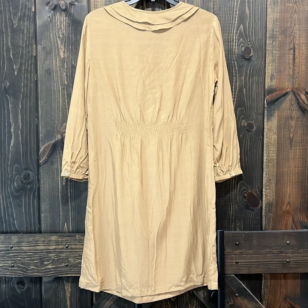 Zara Woman Khaki‎ Ruffle Mini Dress M Cinch Waist Neutral Minimalist Goblincore